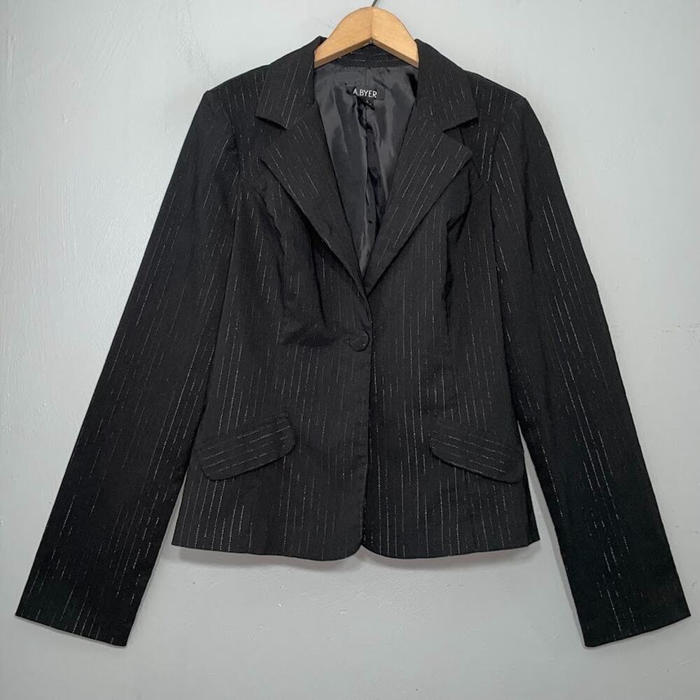 A. Byer Blazer Juniors Size Large Black Metallic Silver Pinstripe Jacket Y2K